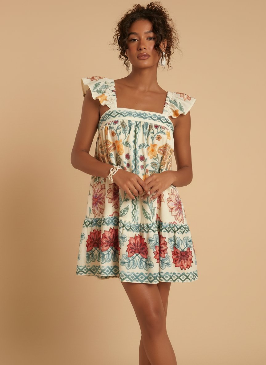 Embroidered Ruffle Strap Floral Mini Dress