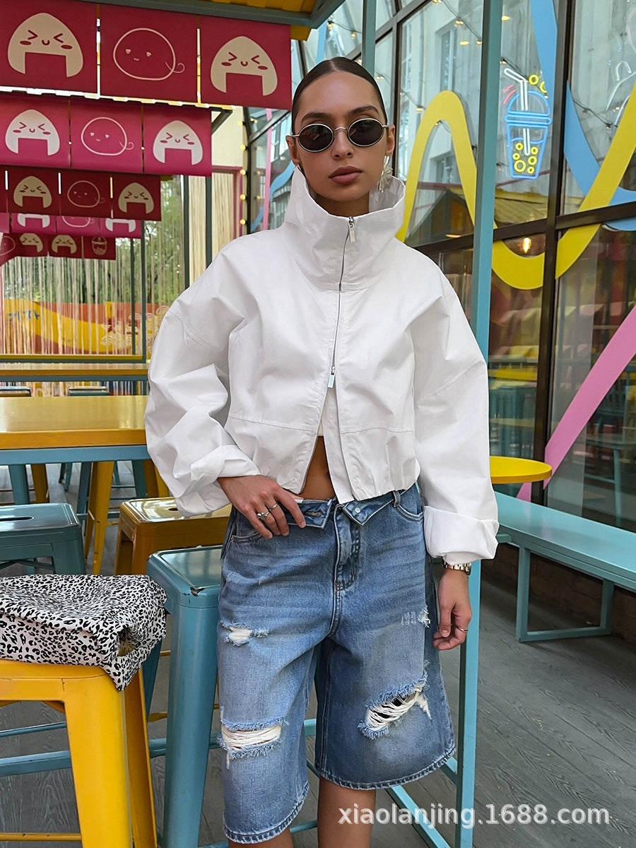 Oversized Stand Collar Cropped Jacket
