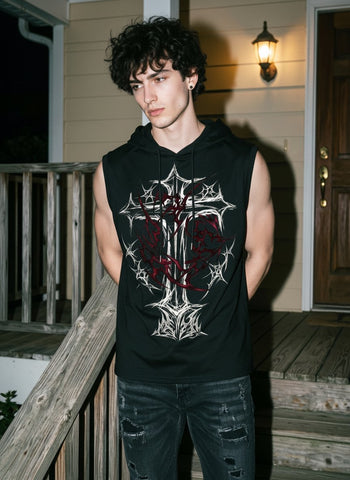 Graphic Print Hooded Sleeveless Tank Top