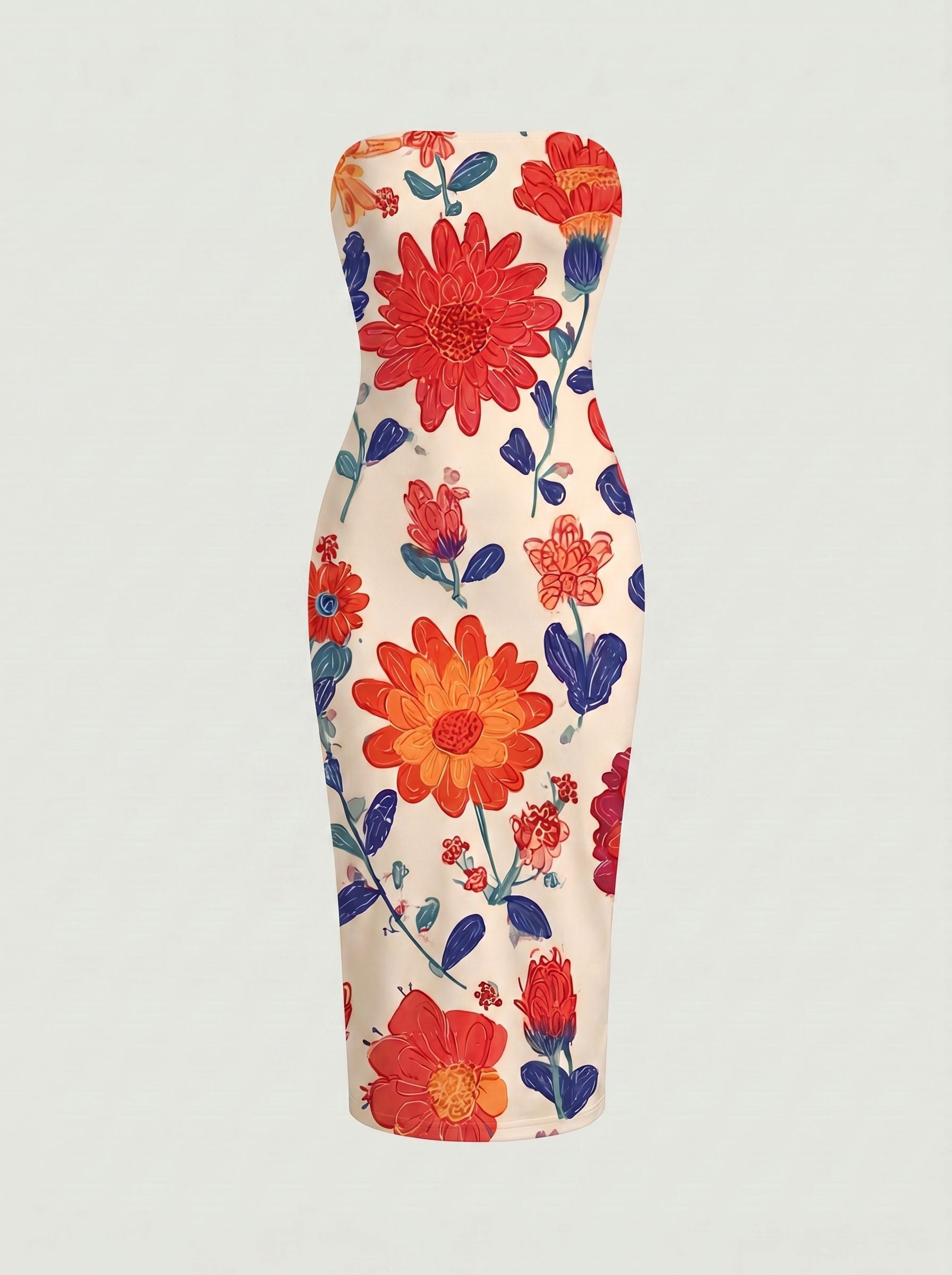 MAIA Floral Print Strapless Sheath Midi Dress