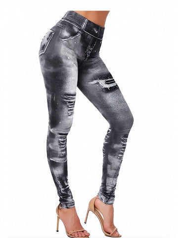 Distressed Denim-Print High-Waisted Stretchy Yoga Leggings-Black