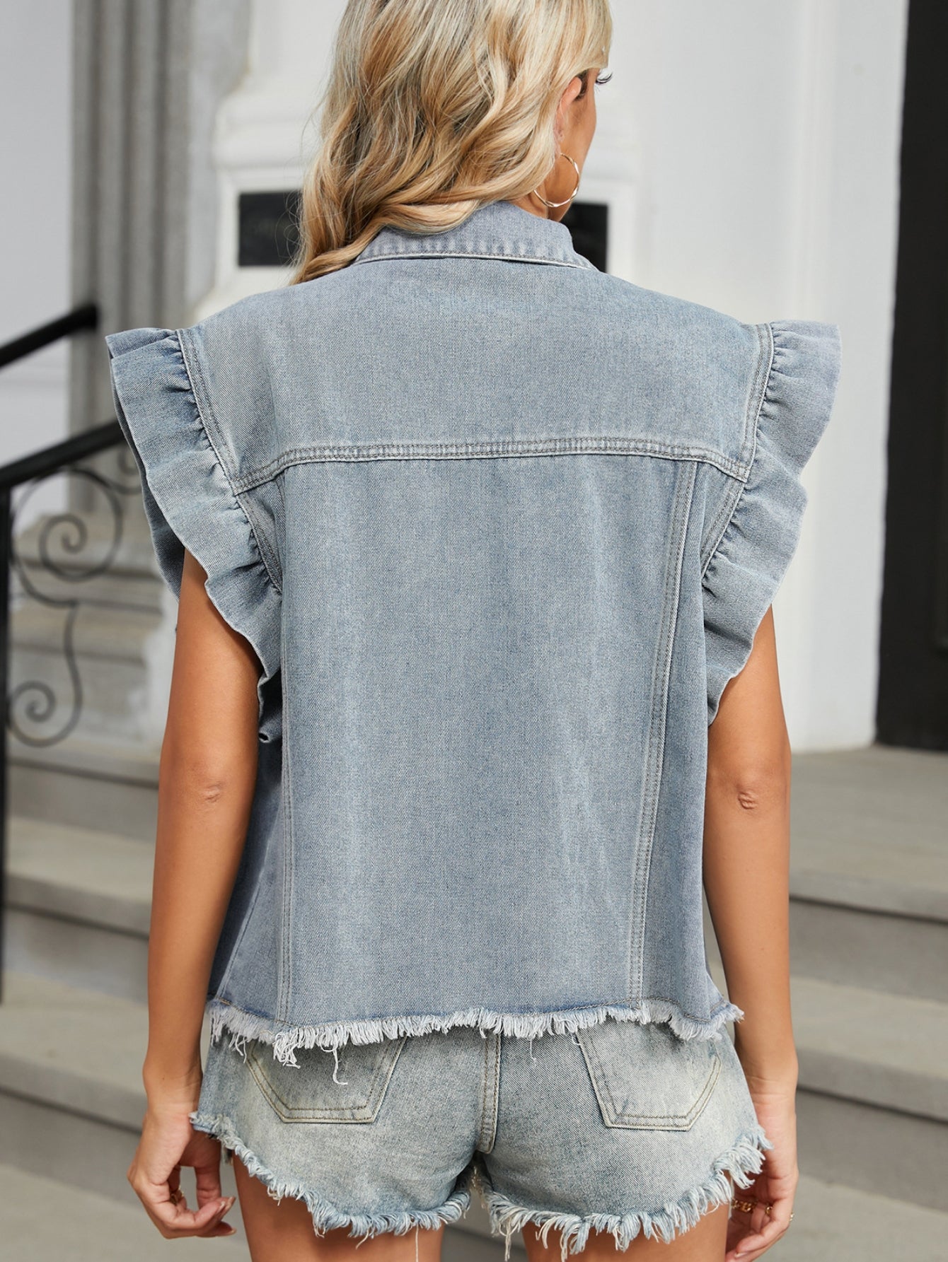 Ruffled Shoulder Sleeveless Denim Jacket