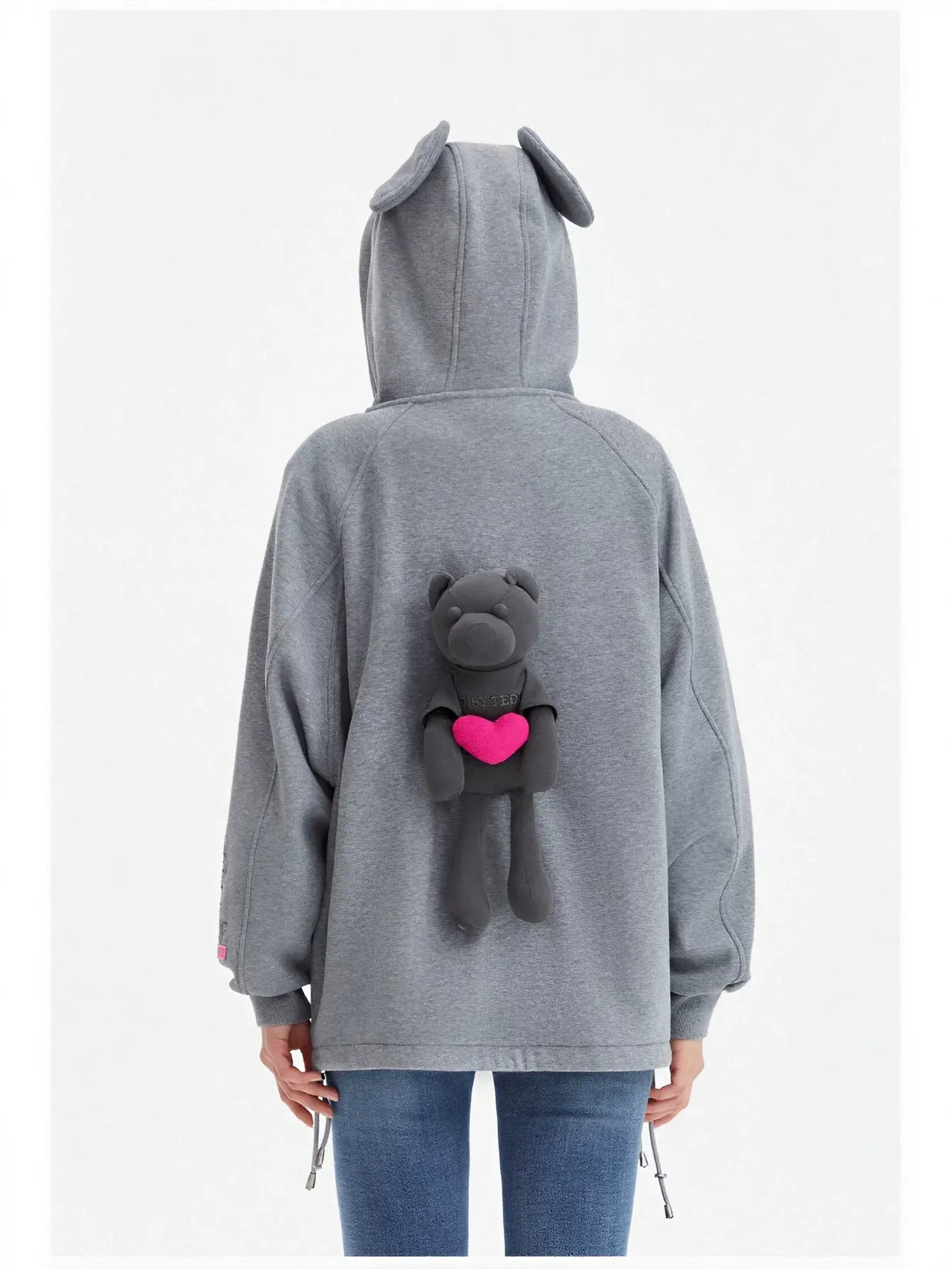 Oversized Graphic Bear Zip Up Hooded Jacket