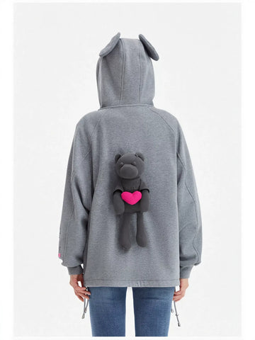 Oversized Graphic Bear Zip Up Hooded Jacket