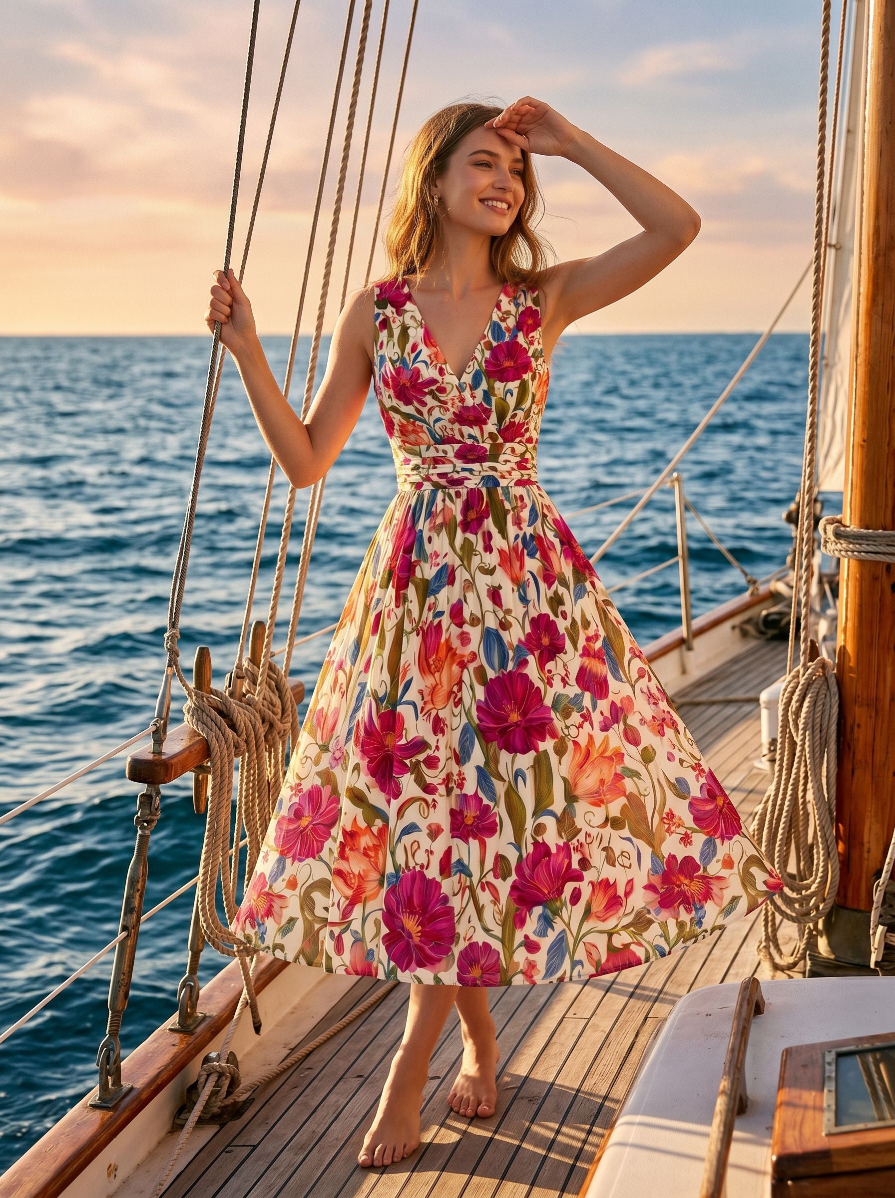 CORINNE
Floral Print V Neck A Line Midi Dress