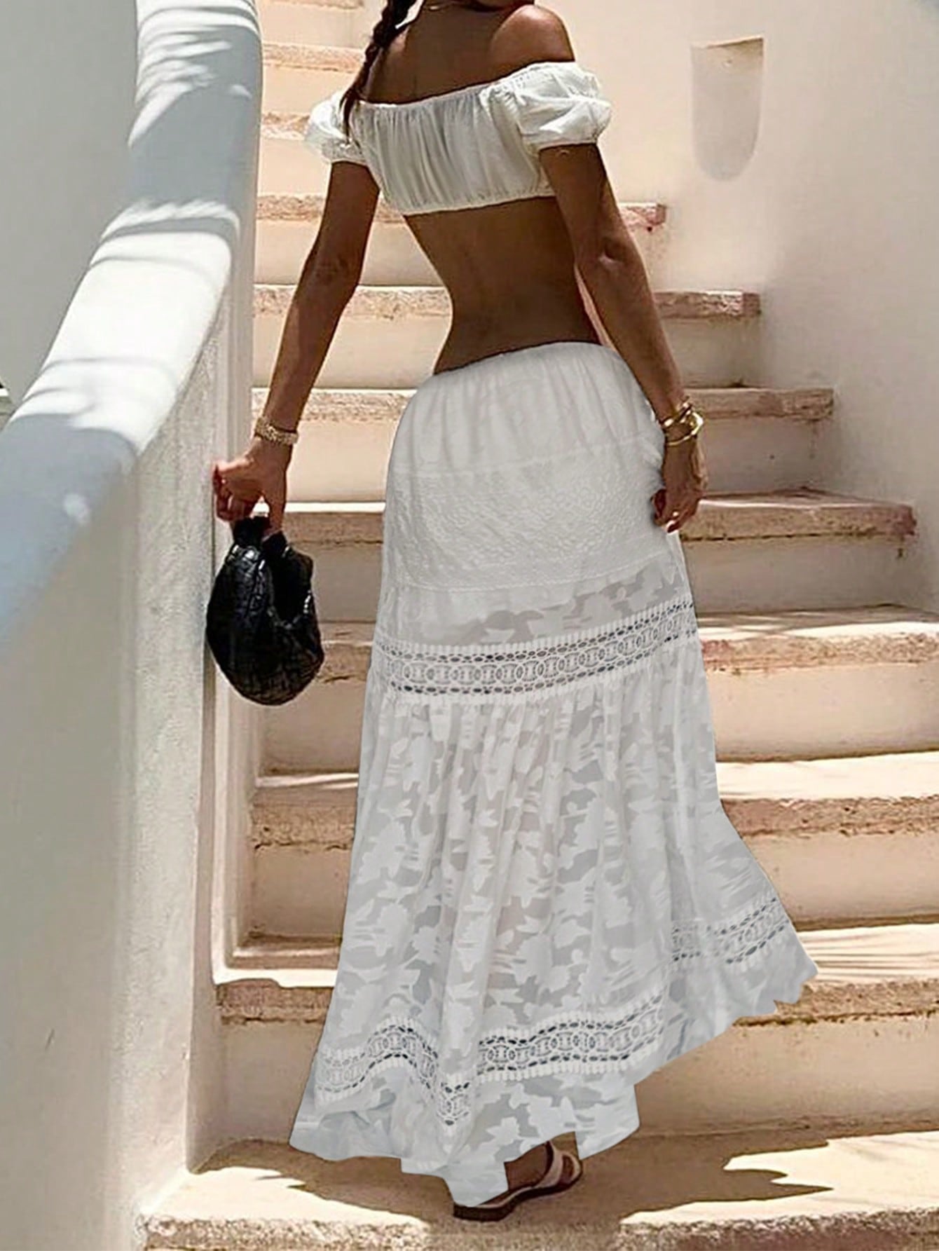 Short Sleeve Cropped Top Lace Maxi Skirt Eleant Set-White