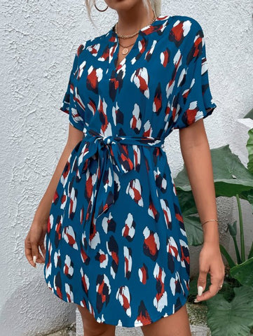 Printed Belted V Neck Dress