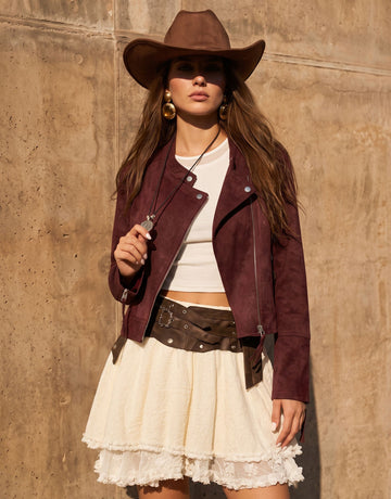 Burgundy Suede Moto Biker Jacket