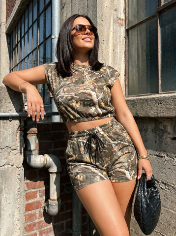 Camo Print Crop Top Shorts Set