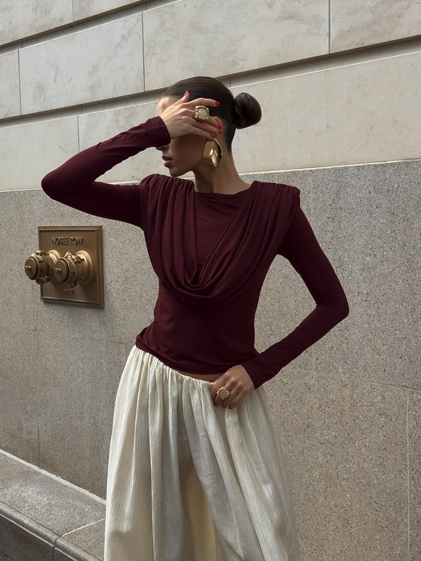 Padded Shoulder Cowl Neck T Shirt
