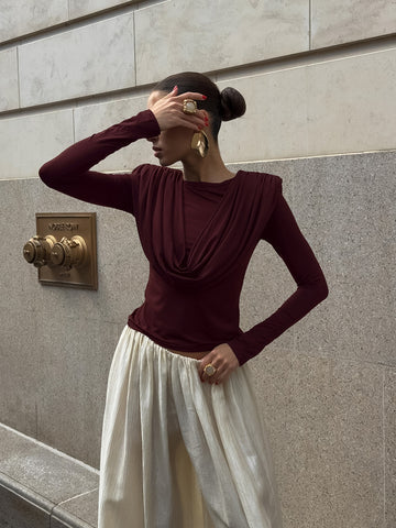 Padded Shoulder Cowl Neck T Shirt