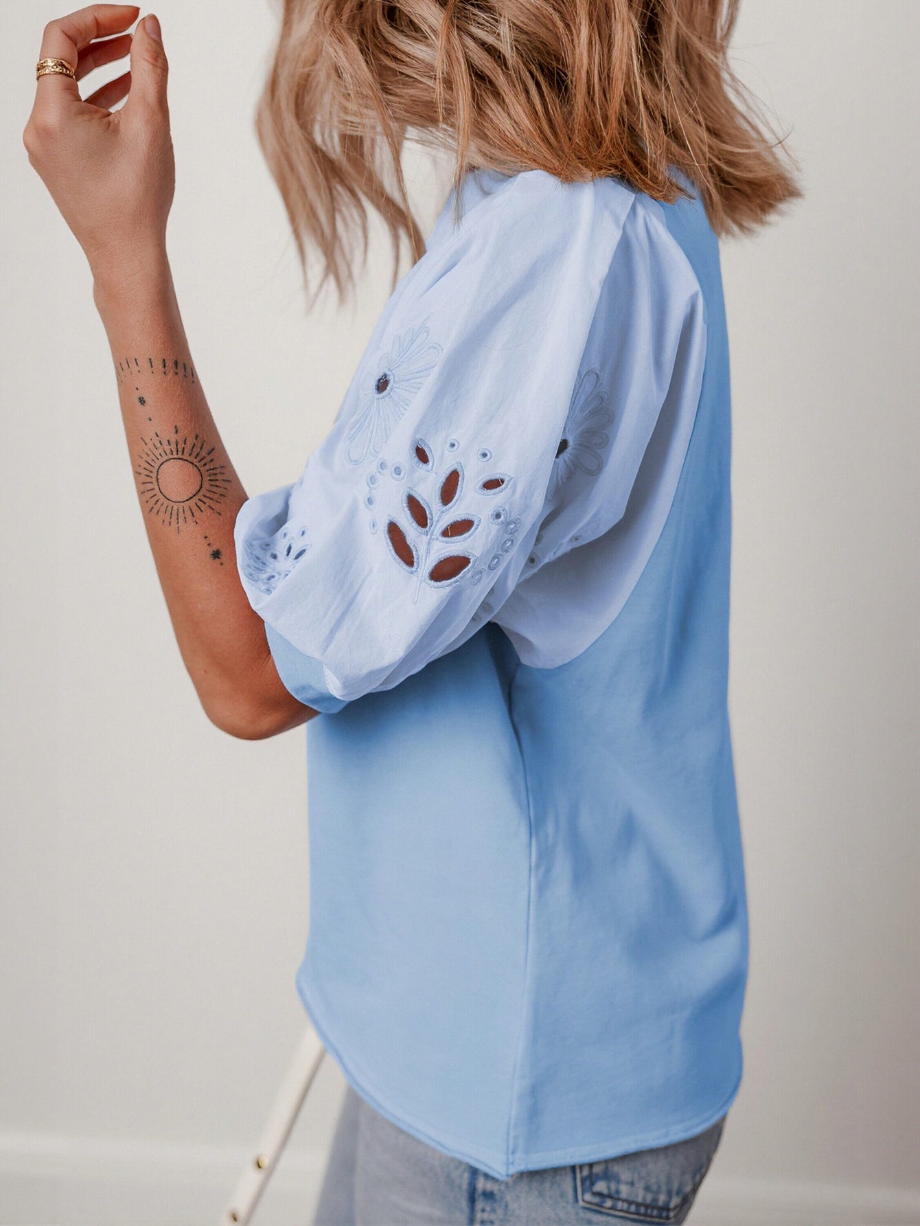 Embroidered Puff Sleeve Chiffon Blouse