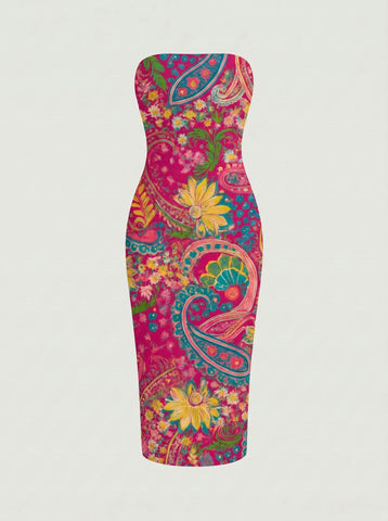 MAIA Floral Print Strapless Sheath Midi Dress