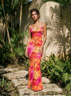 KIRA Sunset Hibiscus Print Spaghetti Strap Bodycon Maxi Dress