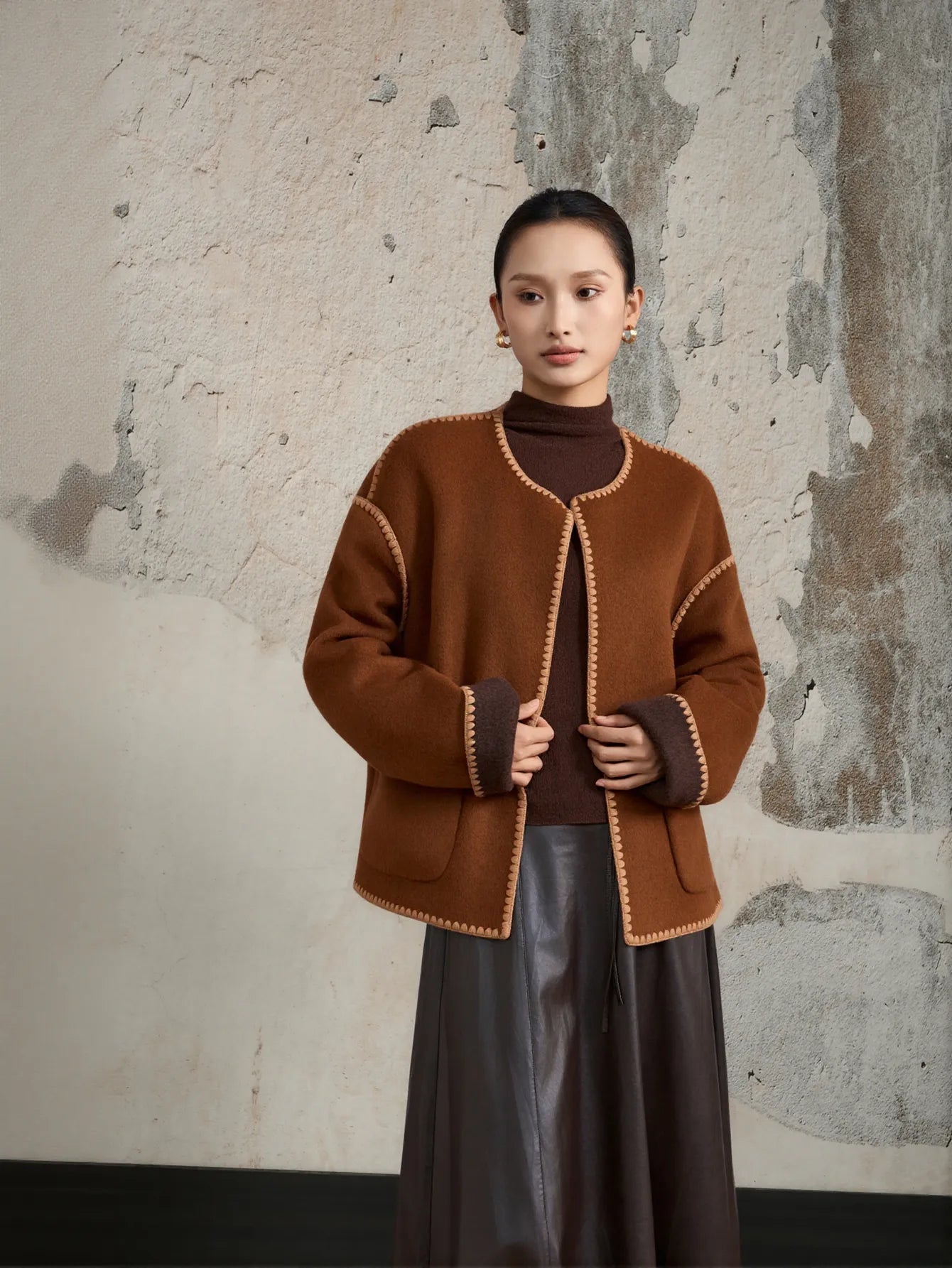 Contrast Trim Wool Blend Coat