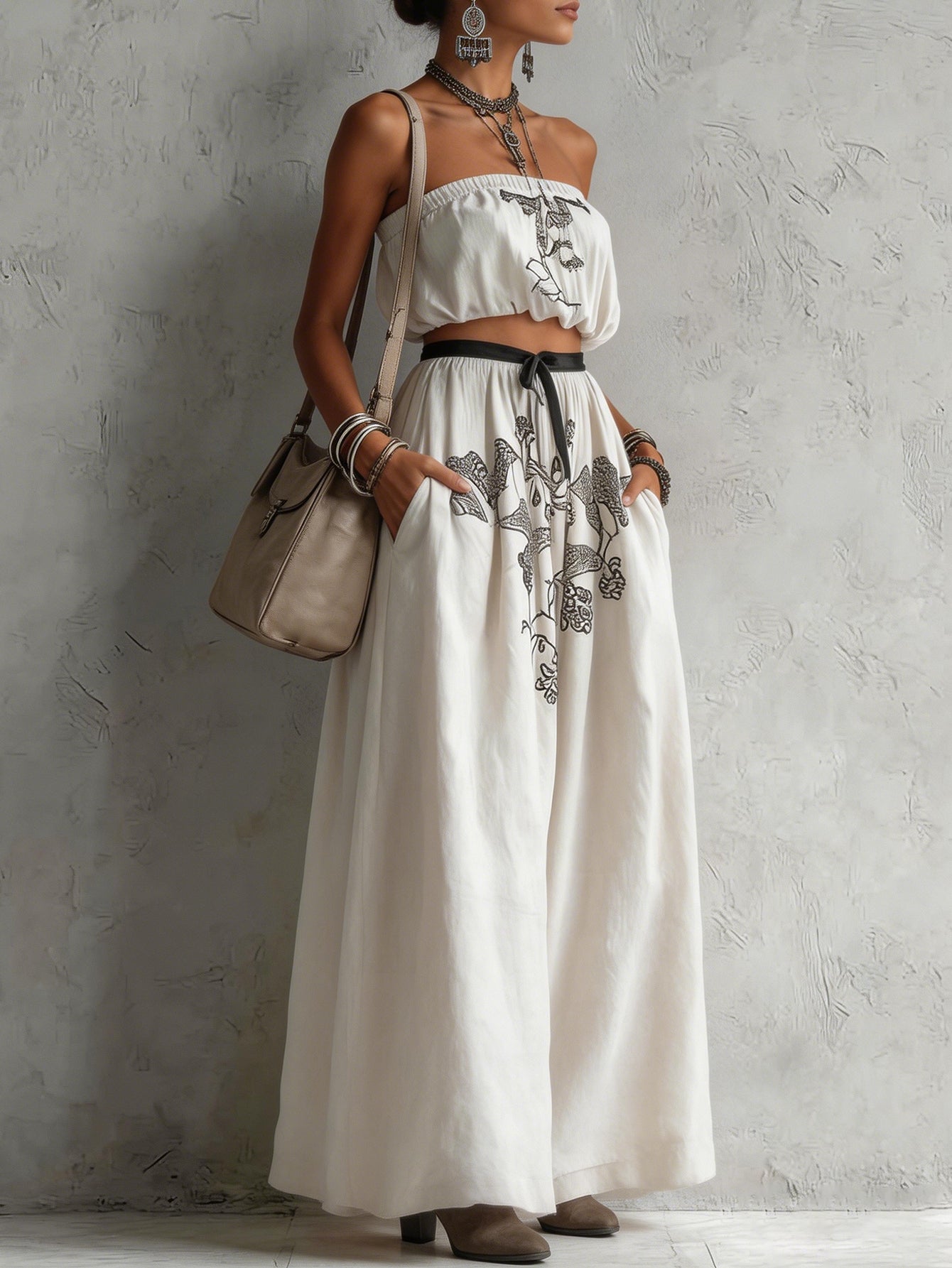 Embroidered Strapless Boho Pants Set