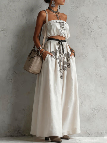 Embroidered Strapless Boho Pants Set