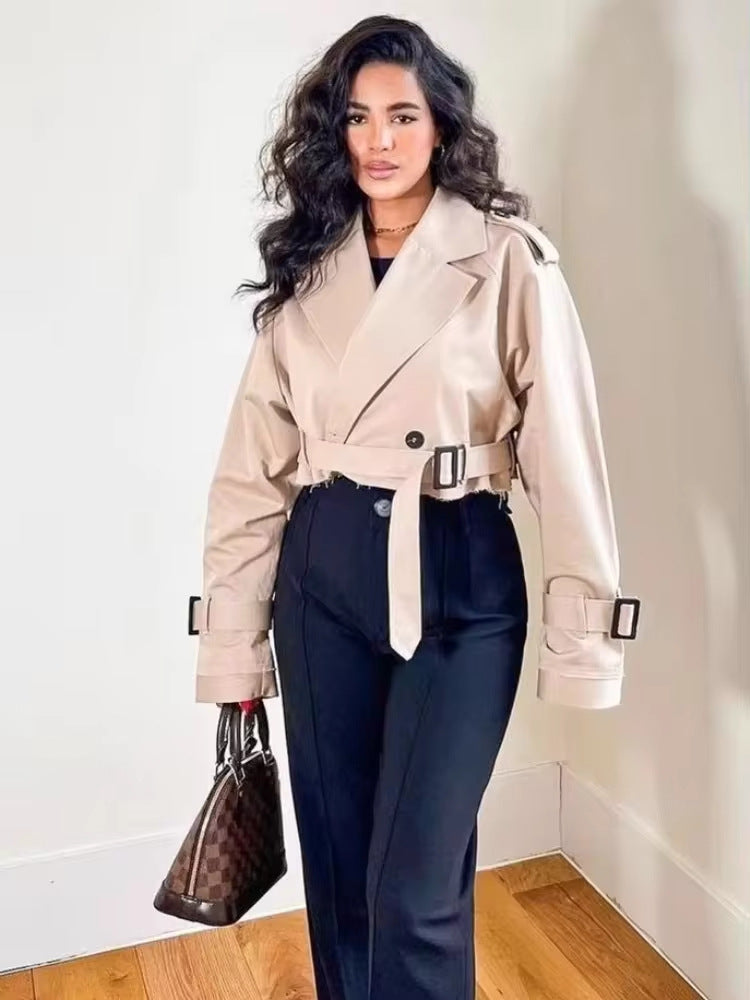 Cropped Belted Military Trench Jacket