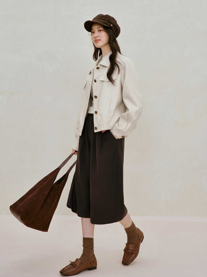 Textured Pleated Hem Button Up Jacket