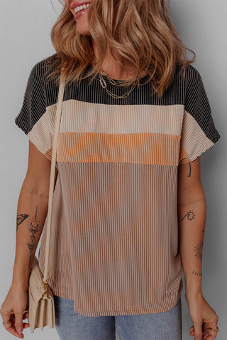 Colorblock Ribbed Knit Casual T-Shirt