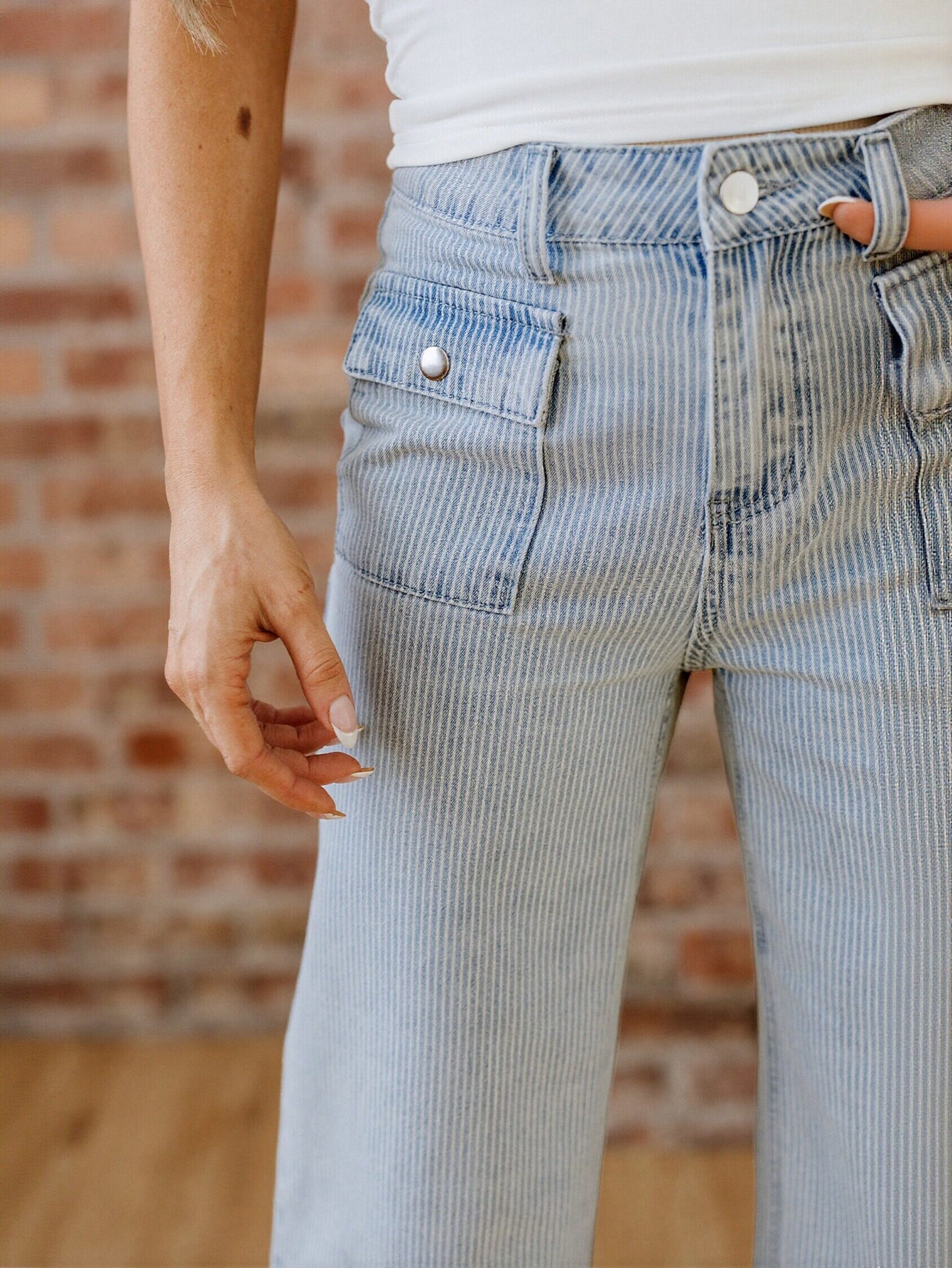 High Waisted Pinstripe Wide Leg Jeans