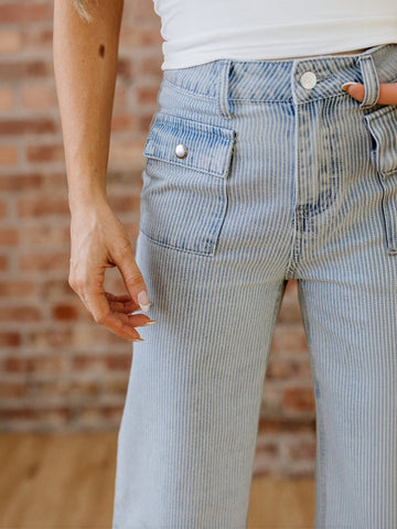 High Waisted Pinstripe Wide Leg Jeans