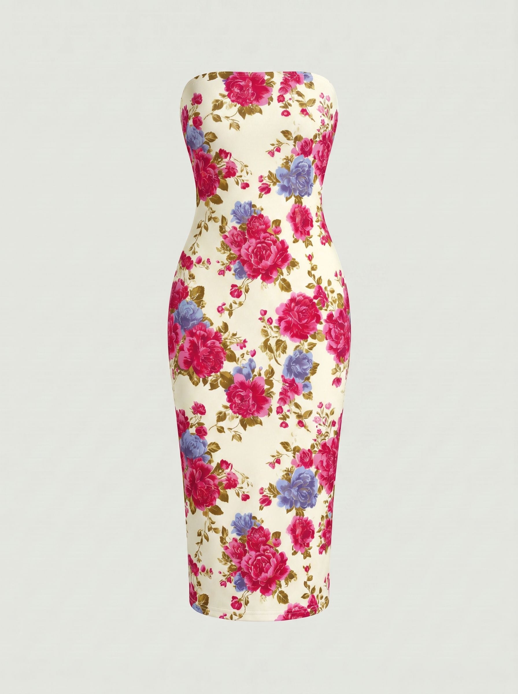 MAIA Floral Print Strapless Sheath Midi Dress