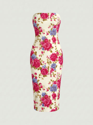 MAIA Floral Print Strapless Sheath Midi Dress