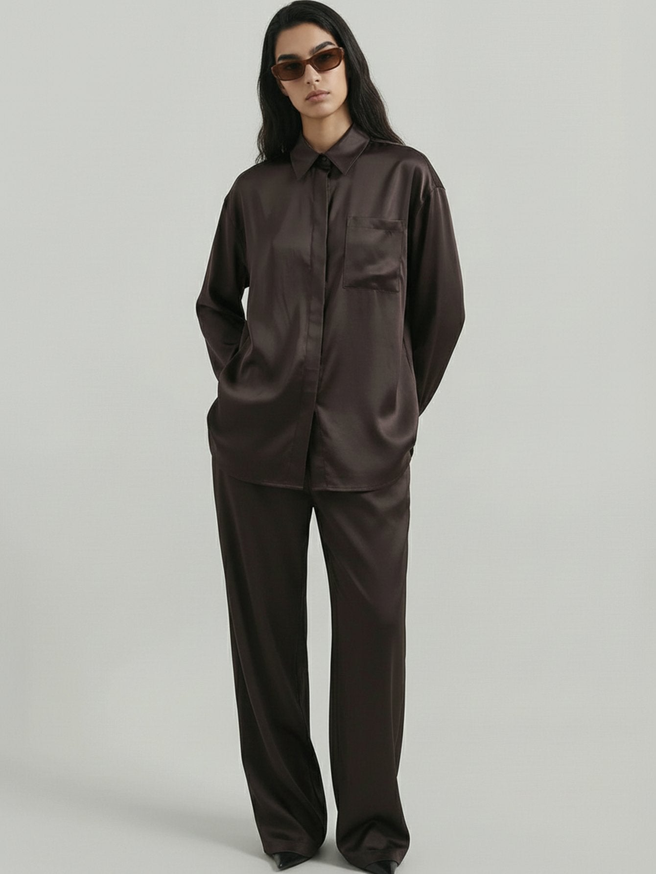SAÏA Drawstring Waist Wide-Leg Casual Pants-Dark Gray