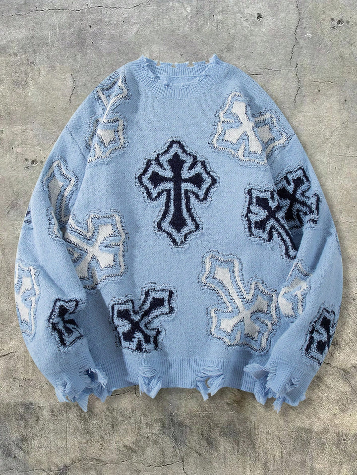 Distressed Grunge Cross Print Sweater