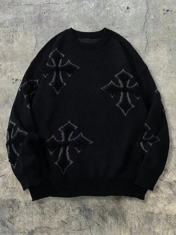 Oversized Gothic Cross Graphic Knit Sweater