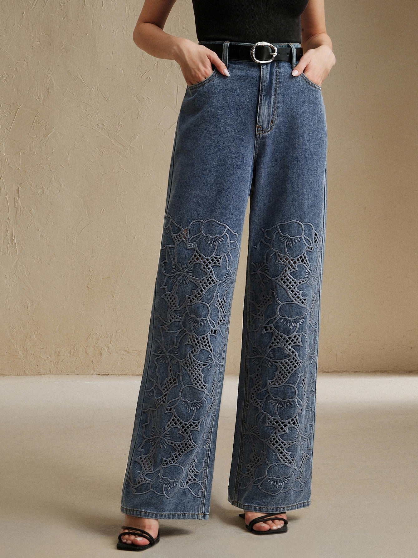Embroidered Cutout High Waisted Wide Jeans
