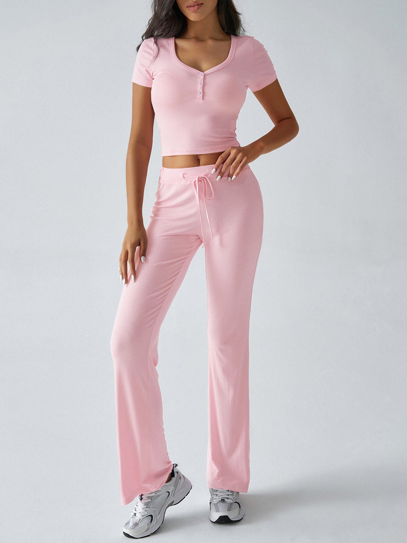 Short Sleeve Top High-Waisted Wide-Leg Pants Casual Set