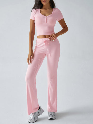 Short Sleeve Top High-Waisted Wide-Leg Pants Casual Set