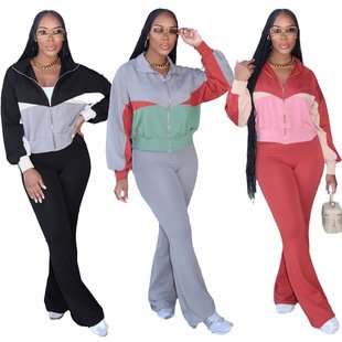 Colorblock Zip Up Flare Pants Set