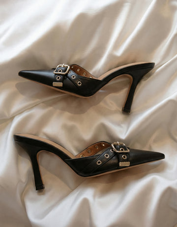 Pointed-Toe Gold-Buckle Contrast-Lining Sophisticated Mules-Black