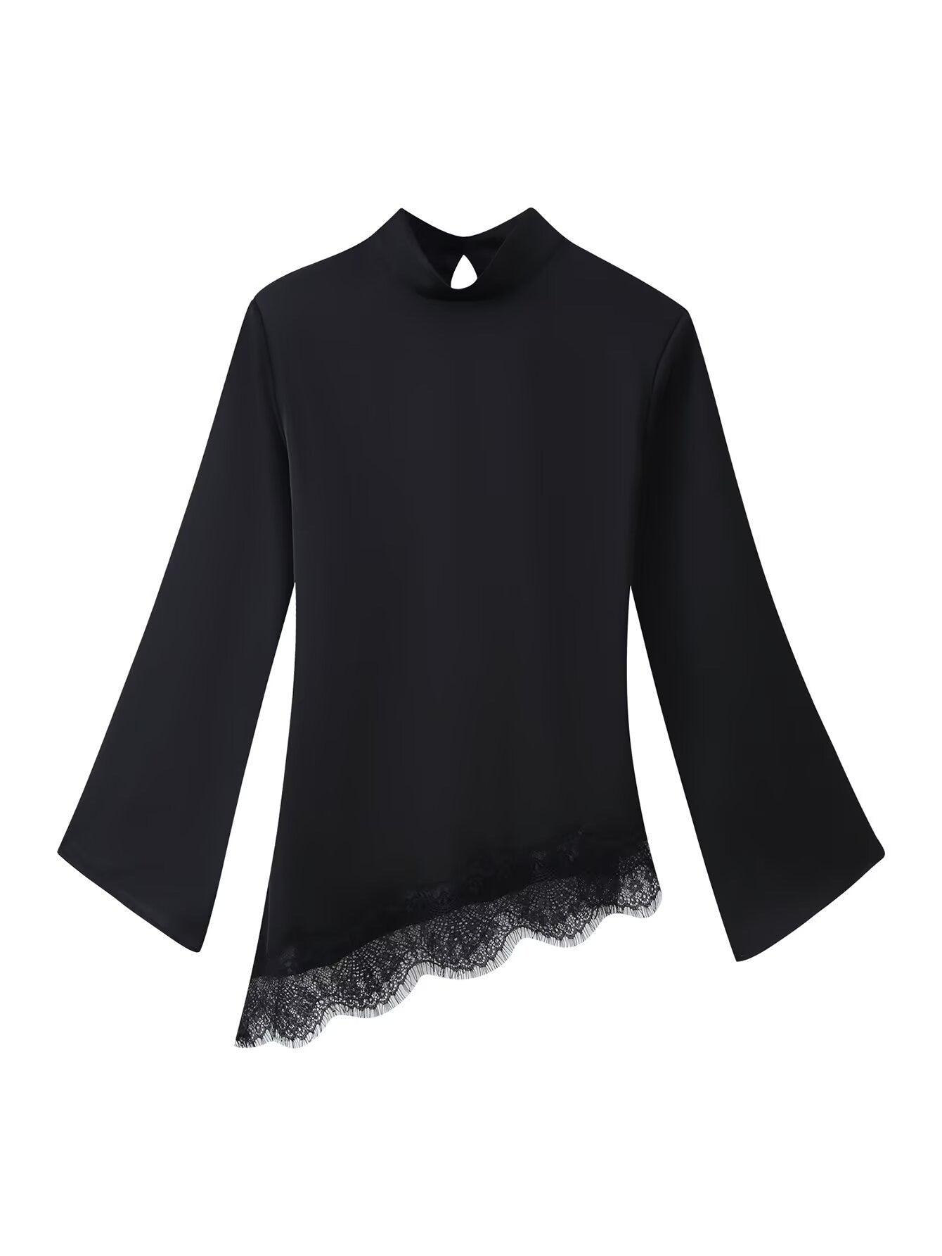 Asymmetric Lace Trim Mock Neck Top