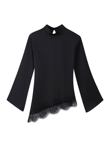 Asymmetric Lace Trim Mock Neck Top
