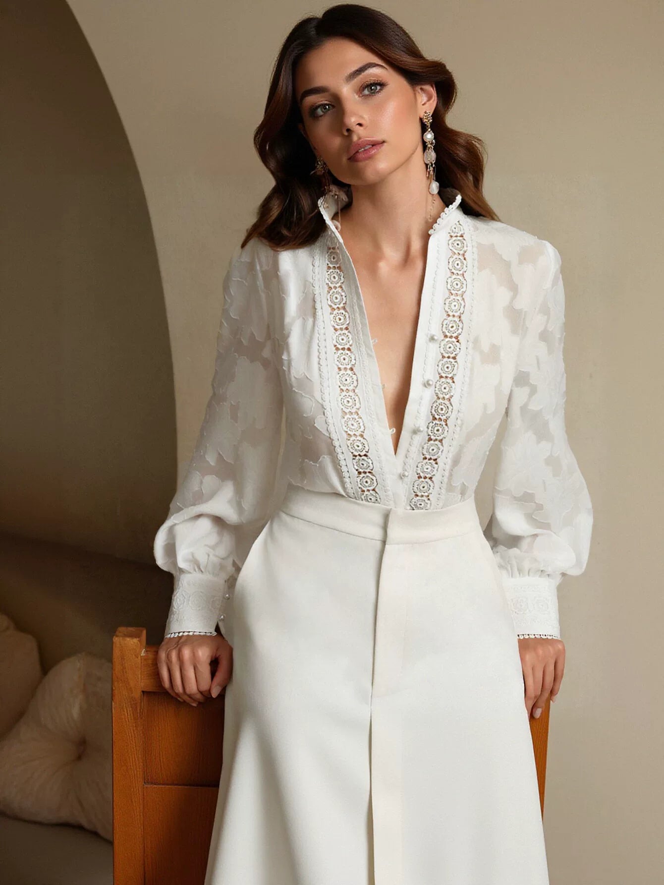 Sheer Floral Embroidered Button Down Shirt