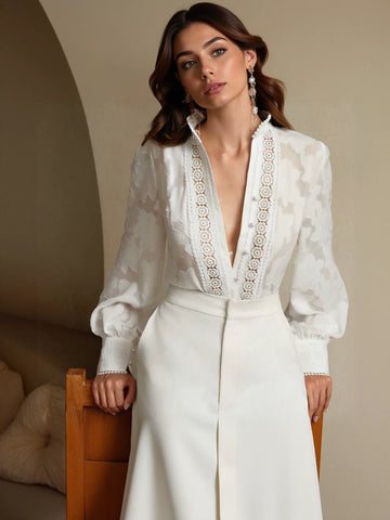 Sheer Floral Embroidered Button Down Shirt