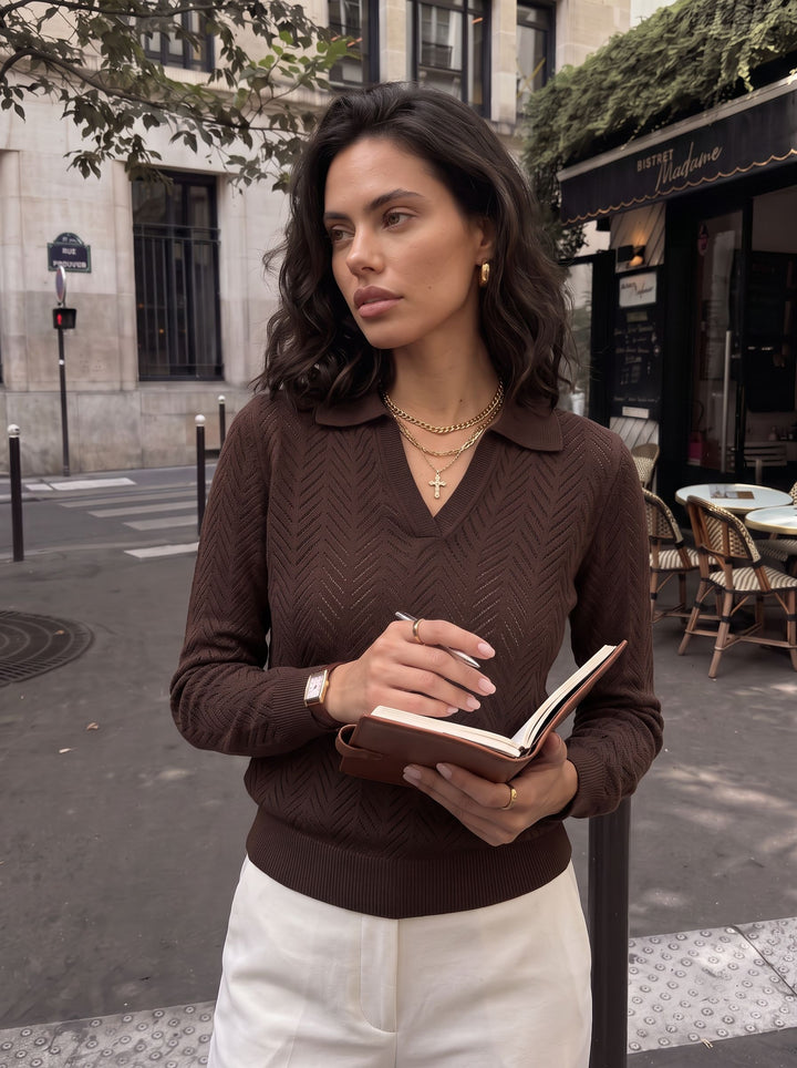 Textured Knit Collared Pullover Sweater