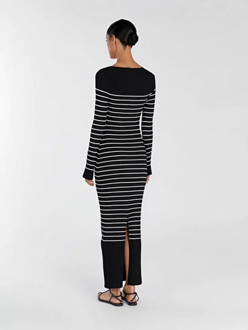Striped Off Shoulder Ribbed Sweater Dress
