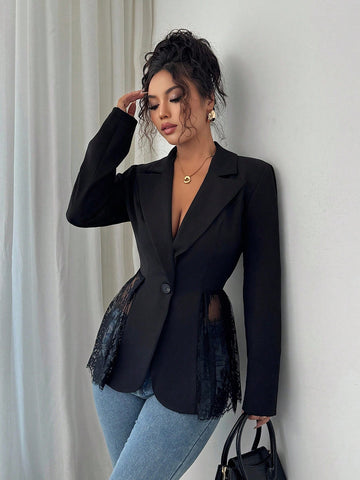 Elegant Lace Trim Fitted Blazer Jacket