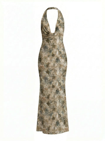 LILA Floral Print Cowl Neck Bodycon Midi Dress