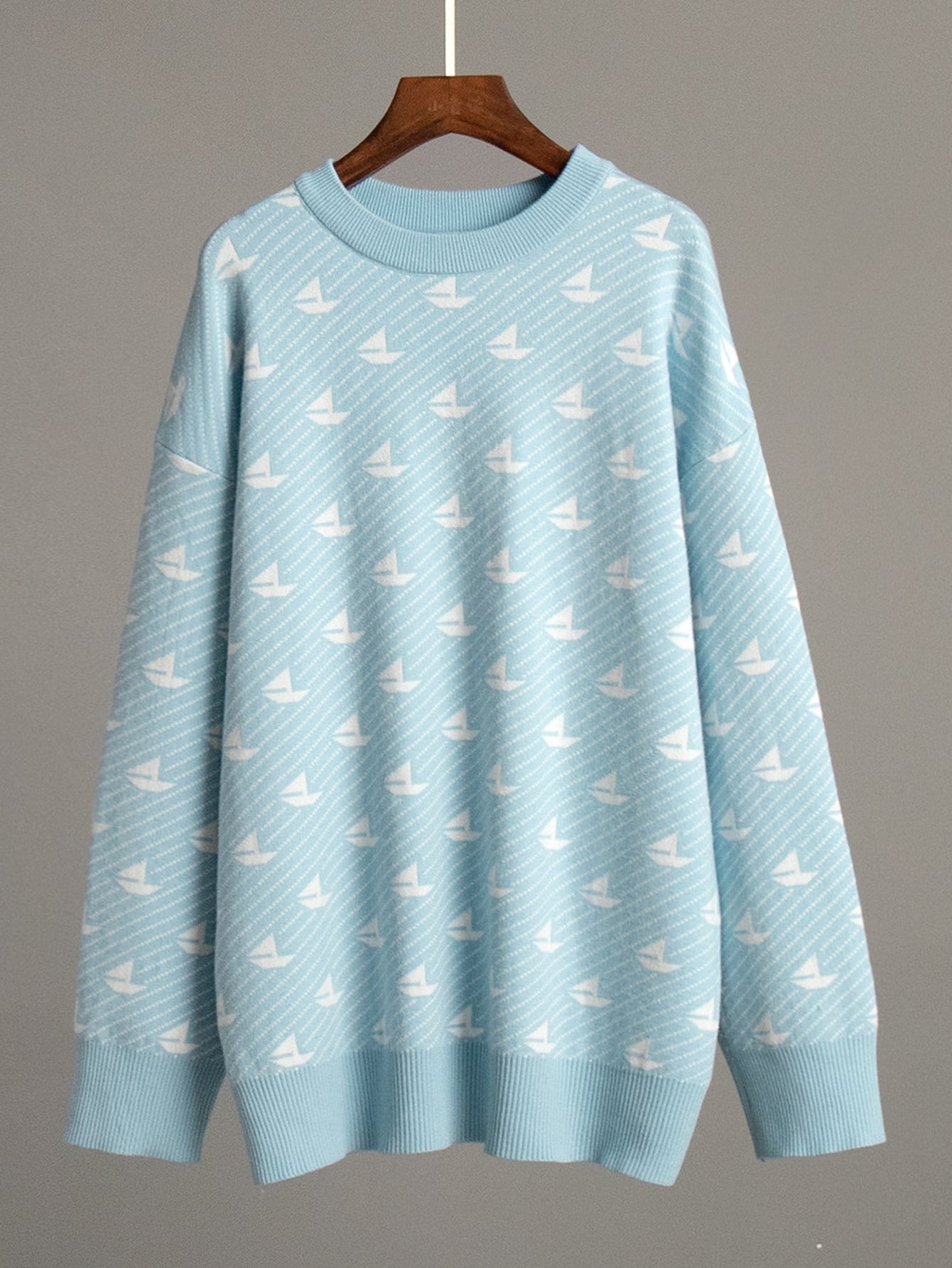Oversized Boat Print Crewneck Sweater