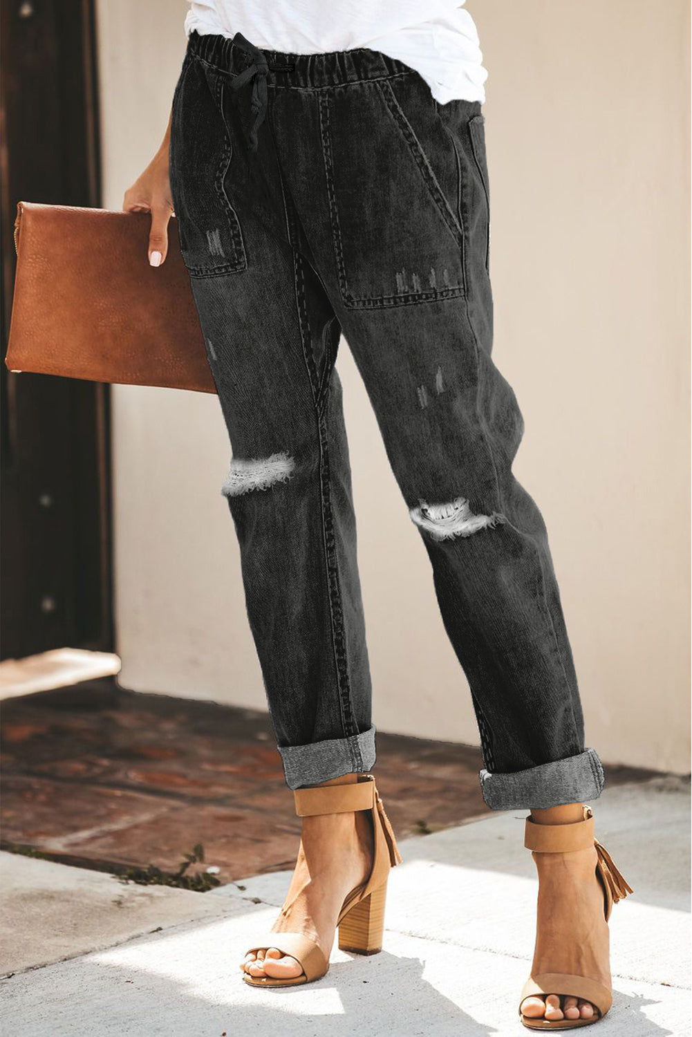 High Waist Drawstring Detail Jeans