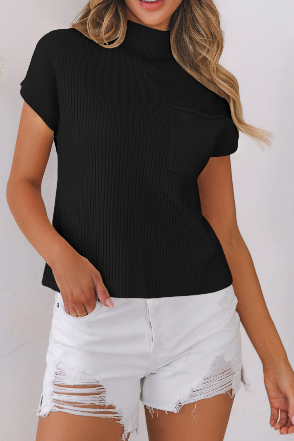 Soft Ribbed Knit Short Sleeve Sweater