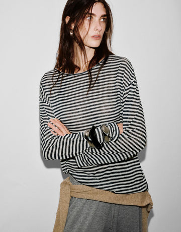 Urban Revivo Crew Neck Striped Long Sleeve Knitted T-Shirts-Ink Blue Stripes