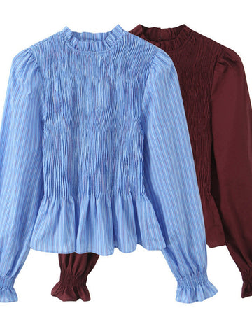 Smocked Striped Ruffled Button Up Shirt