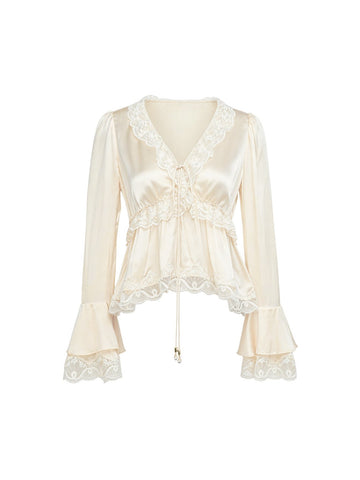 Elegant Lace Trim Satin Blouse